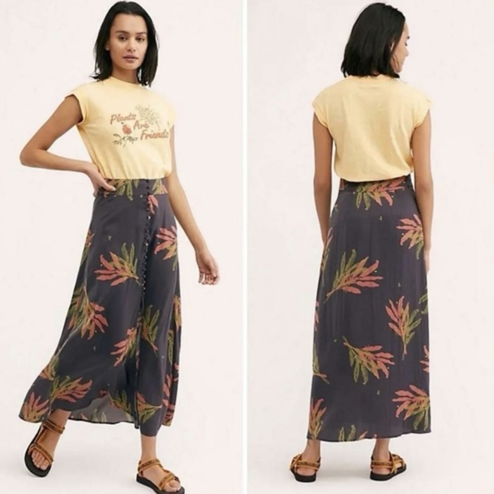 Free People Sammy Satin Skirt with Tropical Print